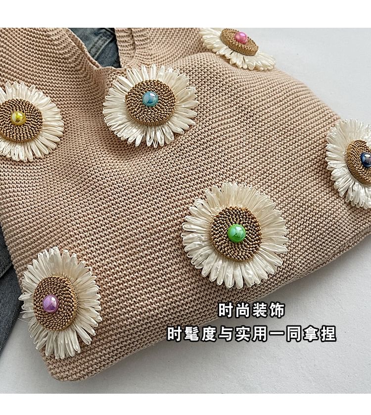 Knit Bag Accent Flower Shopper