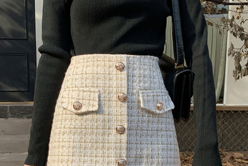 High Rise Checked Mini Straight Skirt