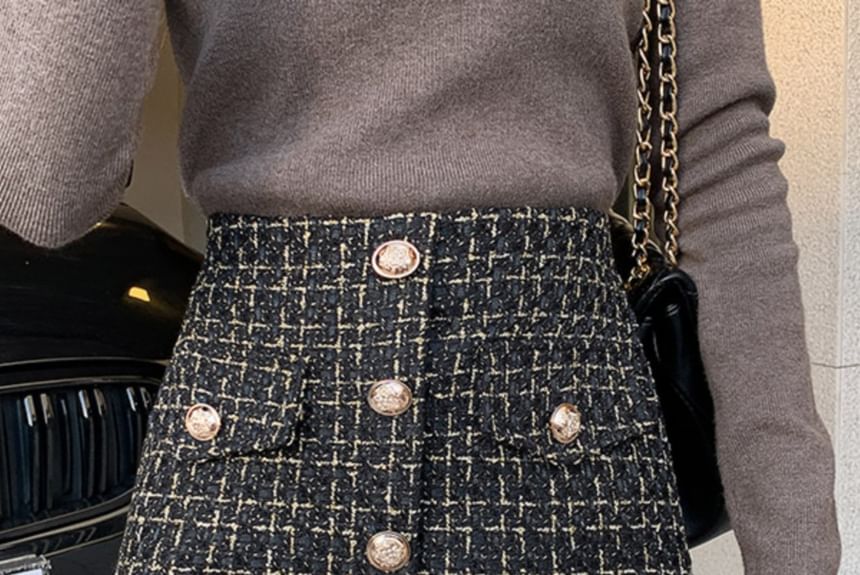 High Rise Checked Mini Straight Skirt