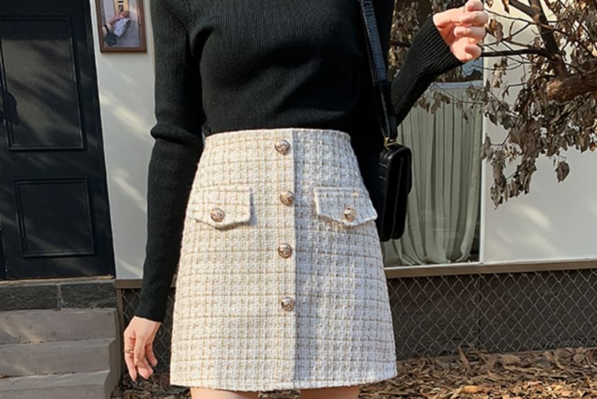 High Rise Checked Mini Straight Skirt