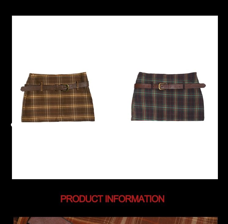Low-Rise Checkered Mini Pencil Skirt with Leather Belt Set