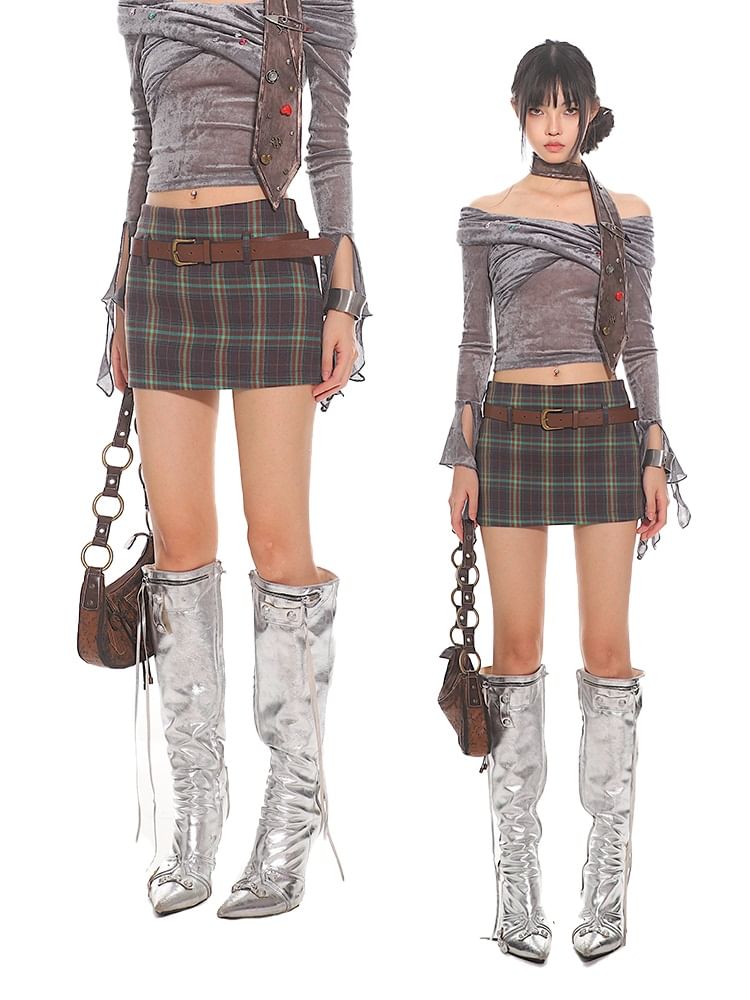 Low-Rise Checkered Mini Pencil Skirt with Leather Belt Set