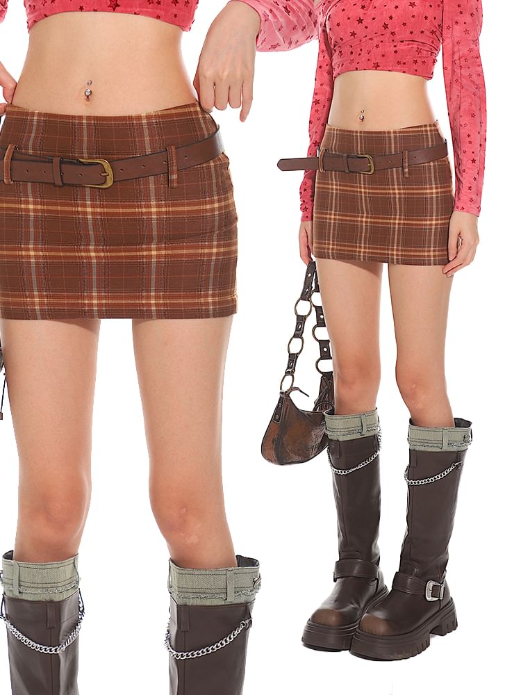 Low-Rise Checkered Mini Pencil Skirt with Leather Belt Set