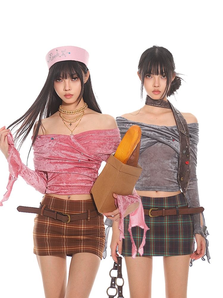 Low-Rise Checkered Mini Pencil Skirt with Leather Belt Set