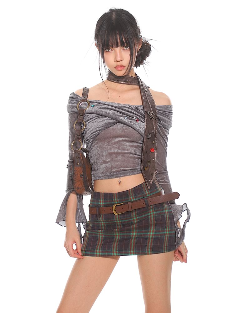 Low-Rise Checkered Mini Pencil Skirt with Leather Belt Set
