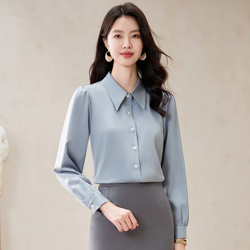 Long-Sleeve Button-Up Shirt with Mini Pencil Skirt, Flared Pants, and Scarf Set