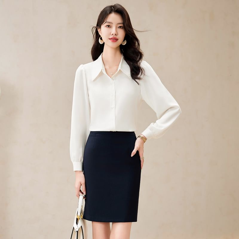 Long-Sleeve Button-Up Shirt with Mini Pencil Skirt, Flared Pants, and Scarf Set