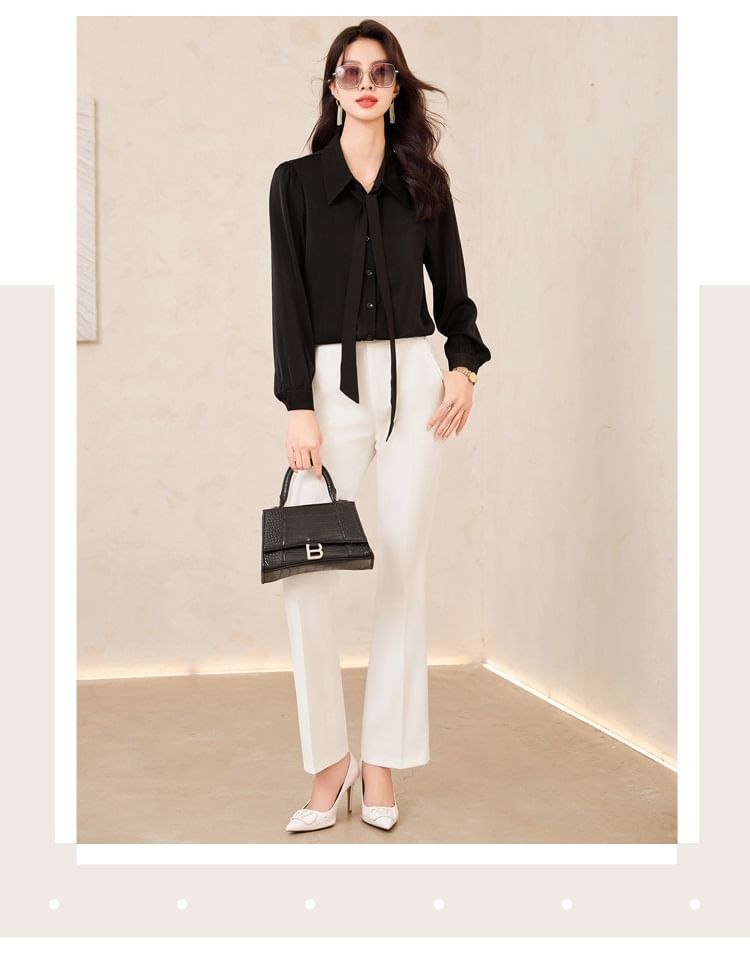 Long-Sleeve Button-Up Shirt with Mini Pencil Skirt, Flared Pants, and Scarf Set