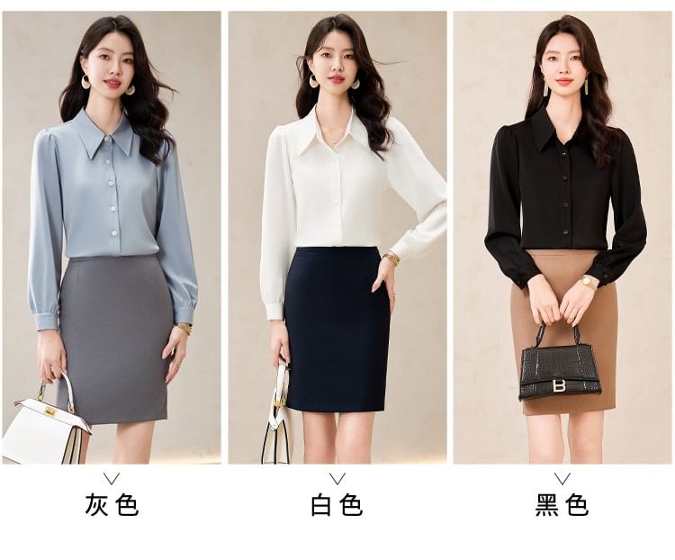 Long-Sleeve Button-Up Shirt with Mini Pencil Skirt, Flared Pants, and Scarf Set