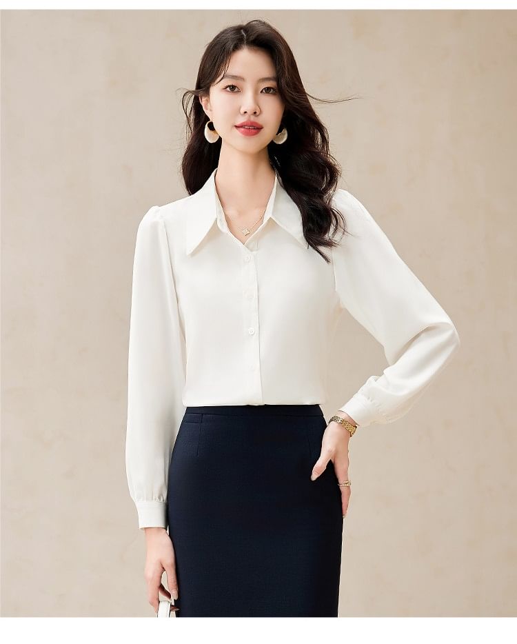 Long-Sleeve Button-Up Shirt with Mini Pencil Skirt, Flared Pants, and Scarf Set