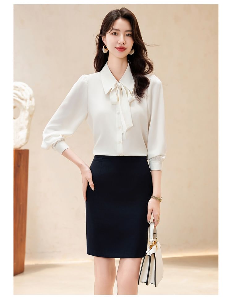 Long-Sleeve Button-Up Shirt with Mini Pencil Skirt, Flared Pants, and Scarf Set