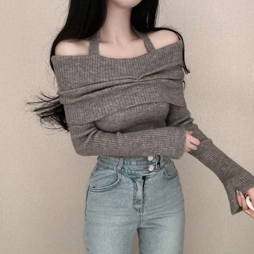 Long-Sleeve Off Shoulder Plain Ribbed Knitted Crop Top