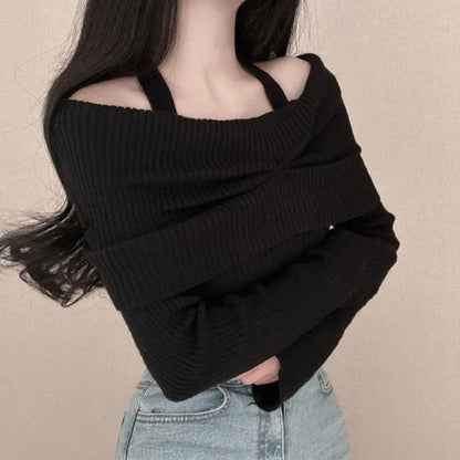 Long-Sleeve Off Shoulder Plain Ribbed Knitted Crop Top