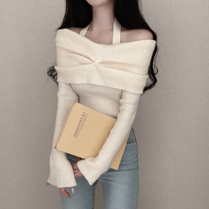 Long-Sleeve Off Shoulder Plain Ribbed Knitted Crop Top