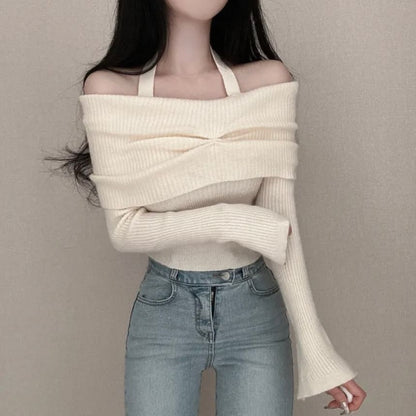 Long-Sleeve Off Shoulder Plain Ribbed Knitted Crop Top