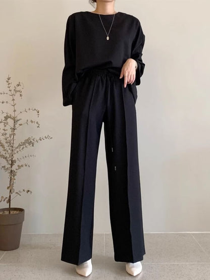 Long Sleeve Crew Neck Plain Pullover / Mid Rise Plain Wide Leg Sweatpants