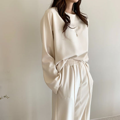 Long Sleeve Crew Neck Plain Pullover / Mid Rise Plain Wide Leg Sweatpants