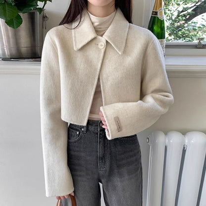 Collared Plain Single Buttoned Cropped Coat