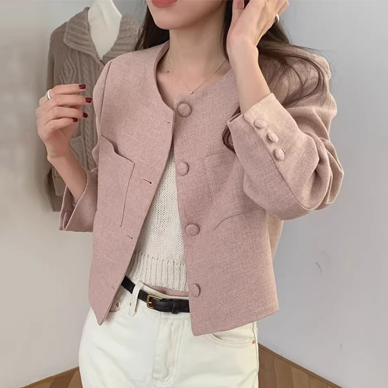 Crew Neck Plain Cropped Button Blazer