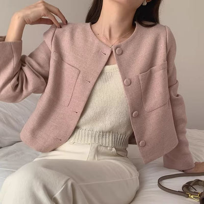 Crew Neck Plain Cropped Button Blazer