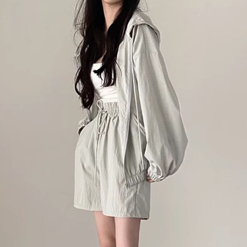 Set: Hooded Plain Drop Shoulder Zip Jacket + Drawstring Waist Shorts