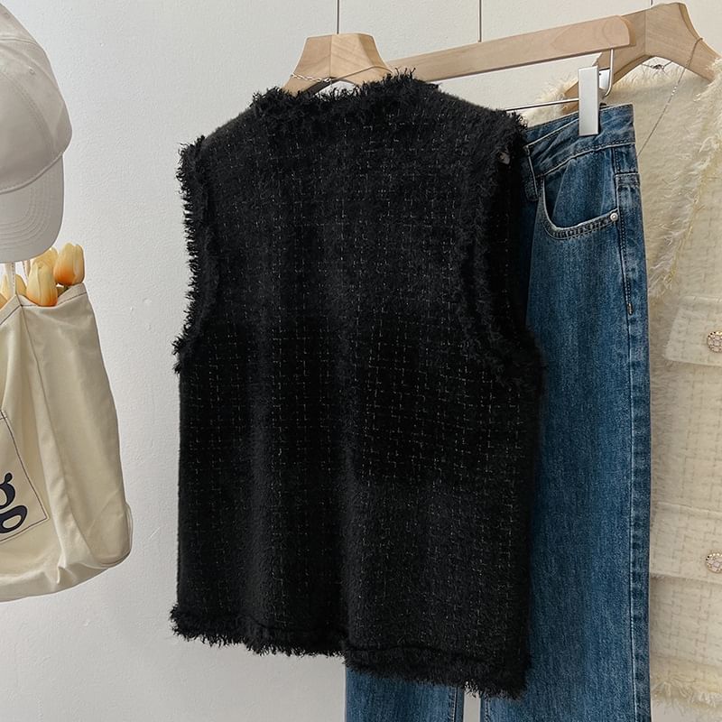 V-Neck Tweed Button Crop Sweater Vest