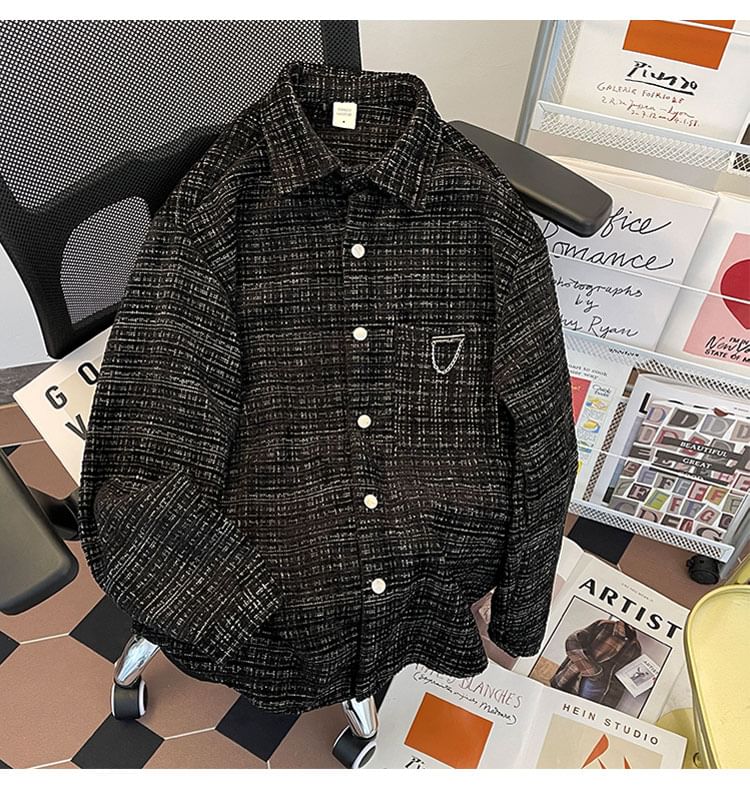 Collared Chained Button-Up Tweed Jacket