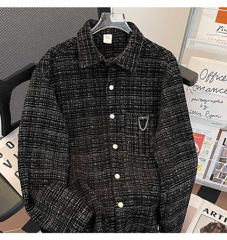 Collared Chained Button-Up Tweed Jacket