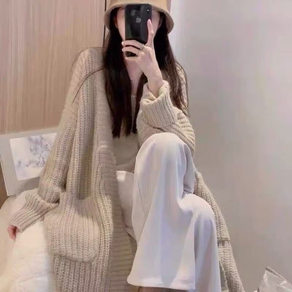 Oversized Open-Front V-Neck Long Cardigan