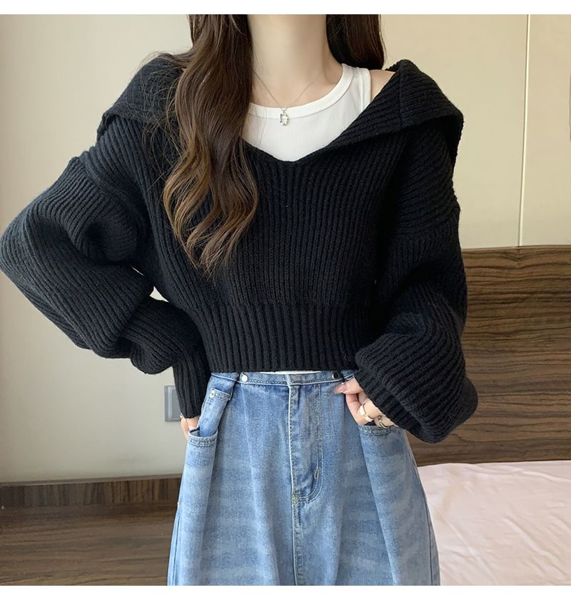 Cropped Sailor-Collar Loose Knit Sweater