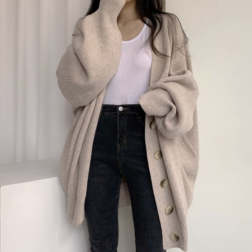 Oversized Bubble-Sleeve V-Neck Cardigan