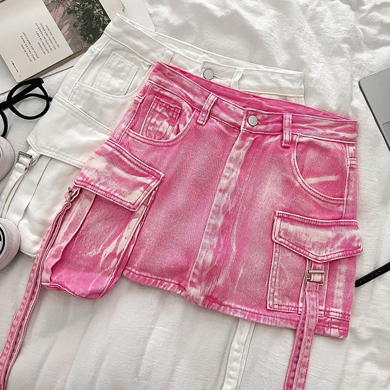 High-Rise Denim Cargo Mini Flare Skirt