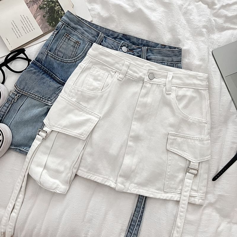 High-Rise Denim Cargo Mini Flare Skirt