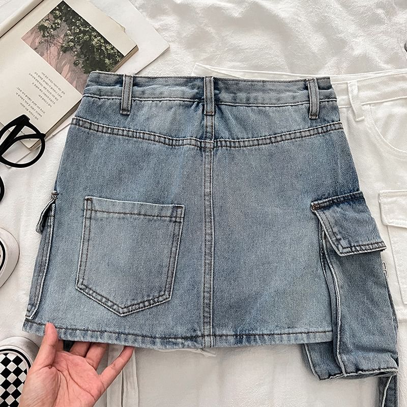 High-Rise Denim Cargo Mini Flare Skirt