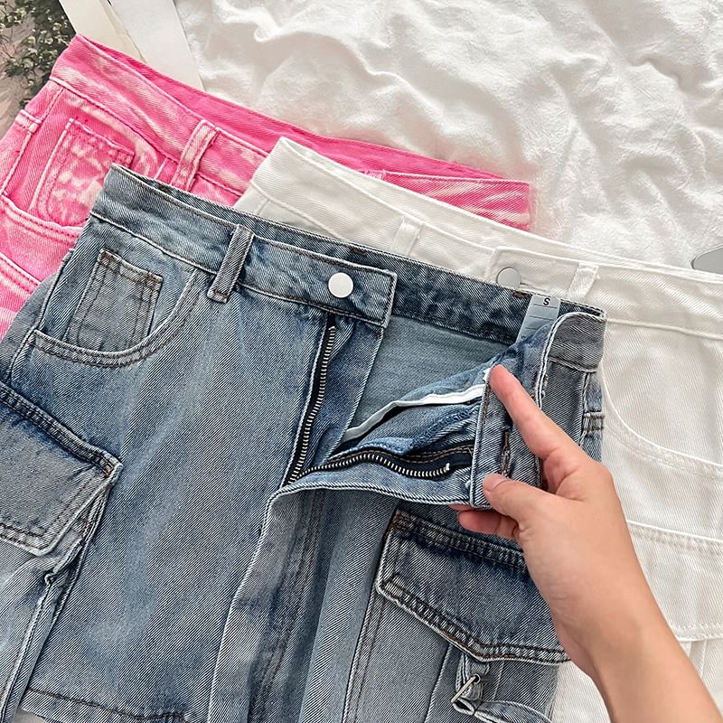 High-Rise Denim Cargo Mini Flare Skirt