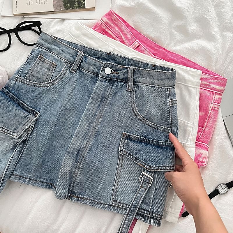 High-Rise Denim Cargo Mini Flare Skirt