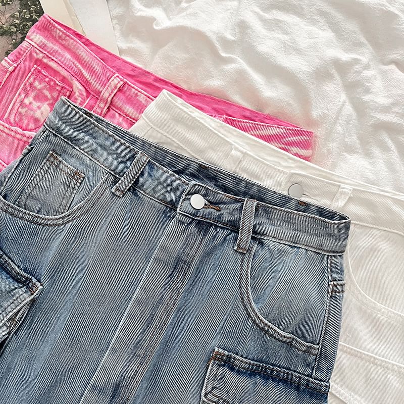 High-Rise Denim Cargo Mini Flare Skirt