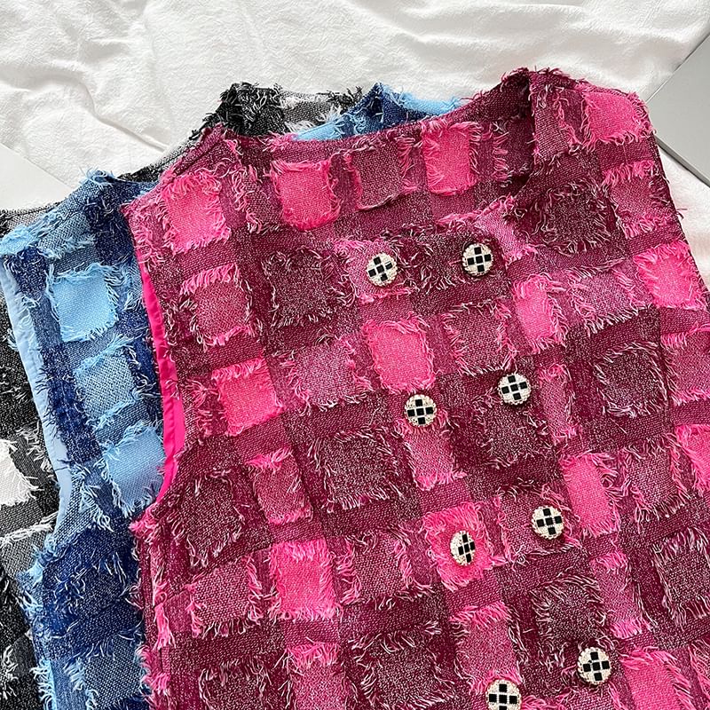 Round Neck Plaid Double Breasted Vest