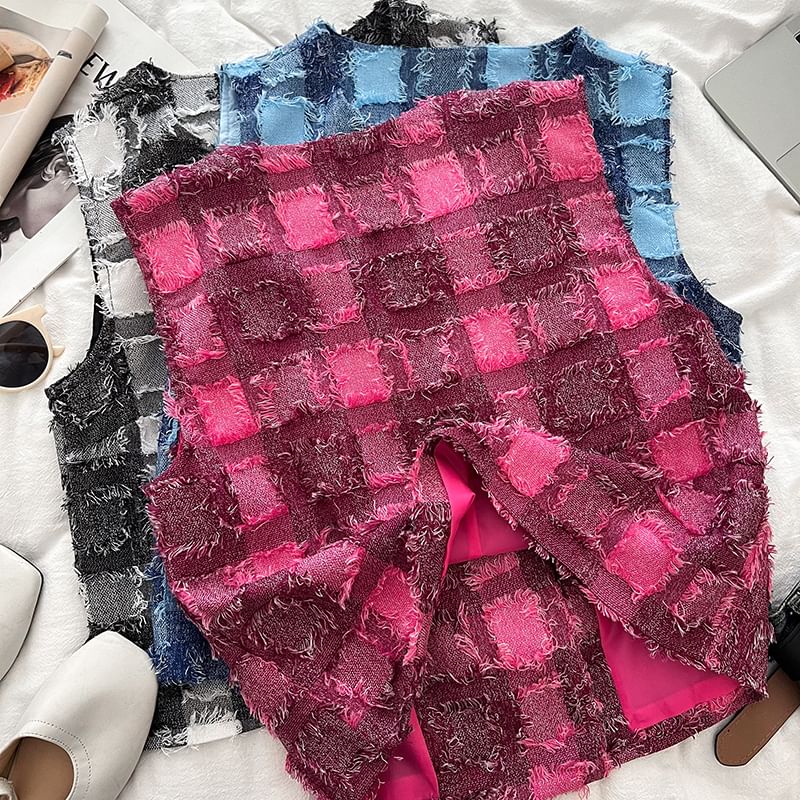 Round Neck Plaid Double Breasted Vest