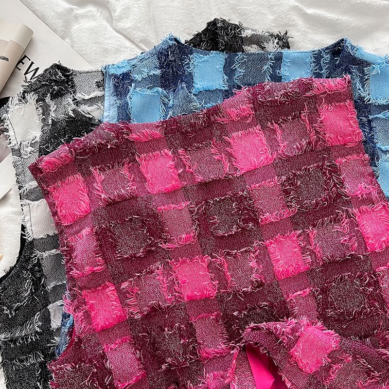 Round Neck Plaid Double Breasted Vest