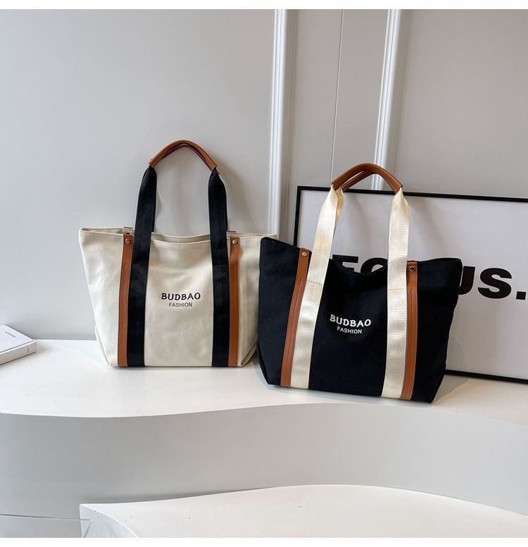 Canvas Lettering Print Tote Bag Block Color