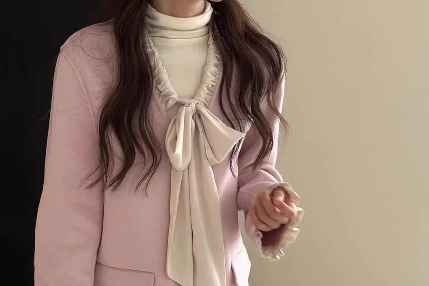 Two Tone Bow Woolen Single-Breasted Coat