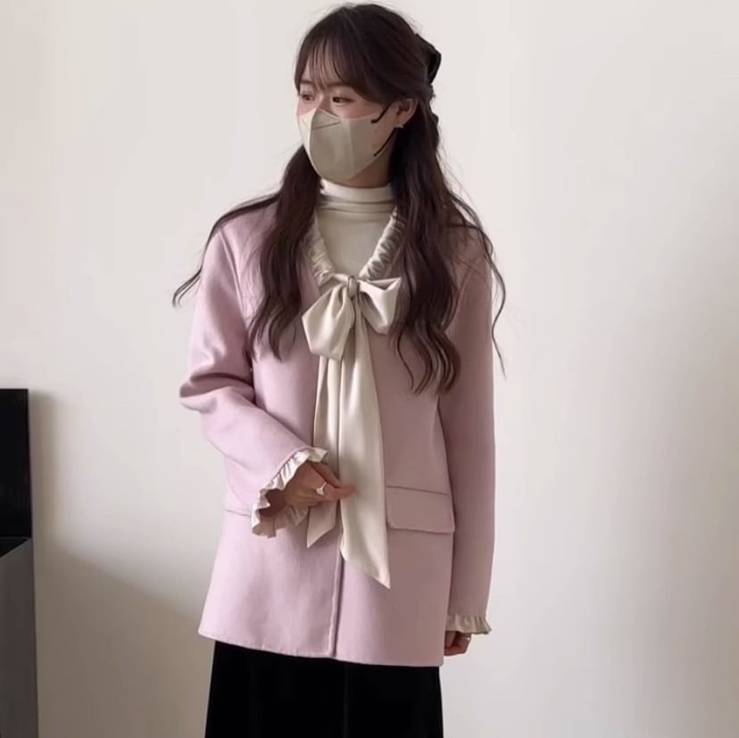 Two Tone Bow Woolen Single-Breasted Coat