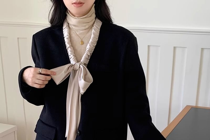 Two Tone Bow Woolen Single-Breasted Coat