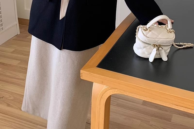 Two Tone Bow Woolen Single-Breasted Coat