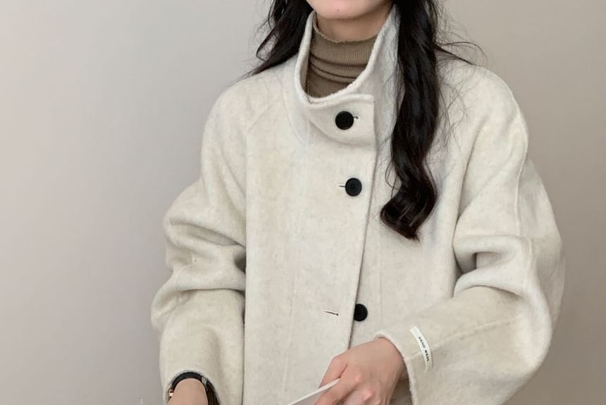 Stand Collar Woolen Midi Single-Breasted Coat