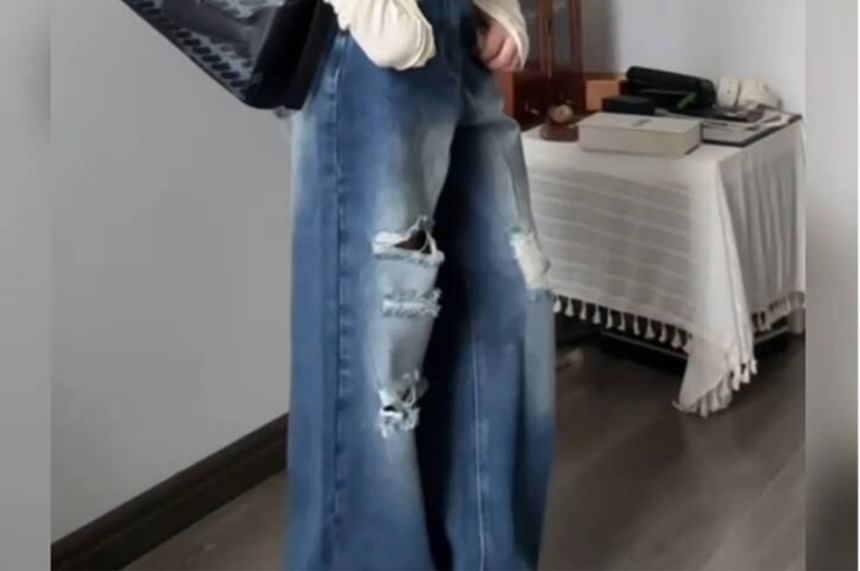 High Waist Washed Distressed Wide Leg Jeans