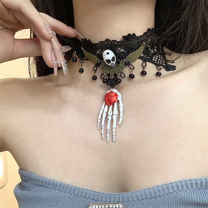 Choker Lace Earring Skull /