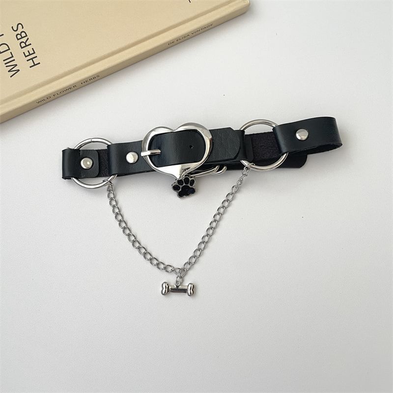 Leather Heart Buckle Paw Choker Faux