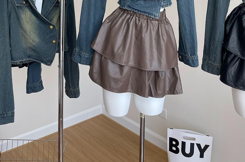 Set: Lapel Collar Denim Jacket + Faux Leather Mini Skirt + Belt